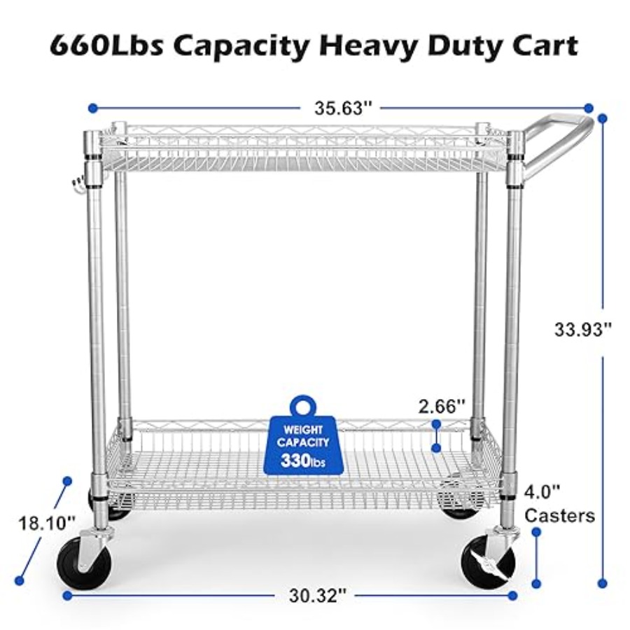 Heavy Duty 2 Tier Rolling Cart - Commercial Kitchen Dimensions reseña y precio